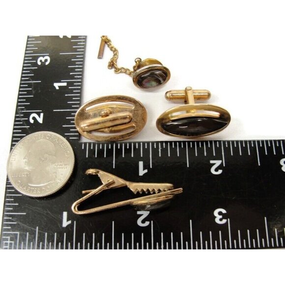 Vintage Cufflinks Round Gold Plated Abalone With Tie Tack And Tie Clip - Picture 4 of 14